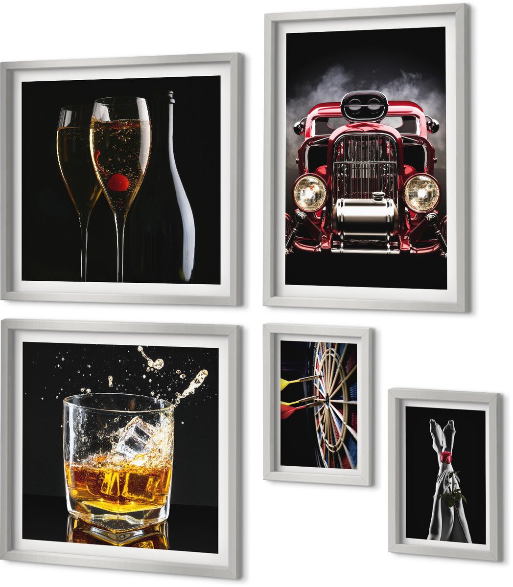 Coloray 5-Delige Schilderij Set - Vrouwenbenen Met Roos, Oude Auto, Glas Whisky - 20 x 30 cm - Stijlvolle Muurdecoratie - Slaapkamer