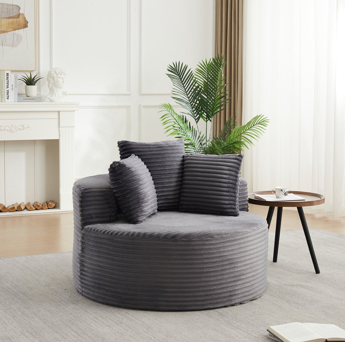DESMIU Fauteuil Rond 110 Cm - Comfortabel Met 3 Kussens En Brede Armleuningen - Voor Woonkamer, Slaapkamer En Speelkamer - Corduroy - Grijs