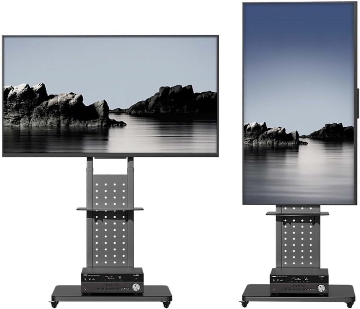 Vloer-tv-standaard op wielen - Zwart - In hoogte verstelbaar van 130-160 cm - Koudgewalst staal - Voor 32-65 inch TV's