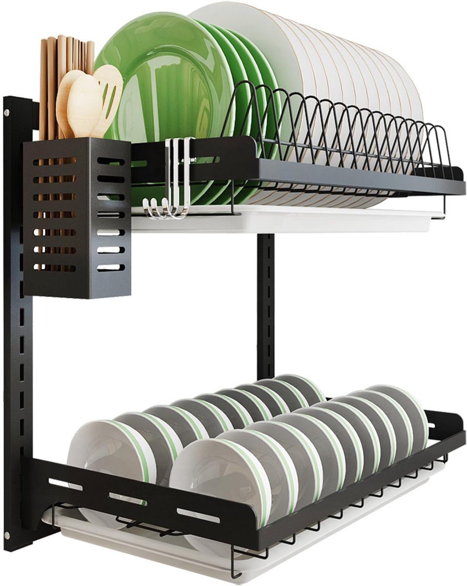 Famanu – Keuken afdruiprek, hangend droogrek voor boven de gootsteen, 2 niveaus wandmontage komhouder met afvoerbak, roestvrijstalen zwarte coating