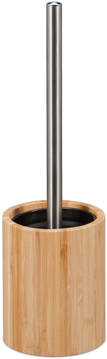 Famanu – Siliconen toiletborstel met verwisselbare borstelkop en bamboe houder, naturel/zilver, ideaal voor badkamer