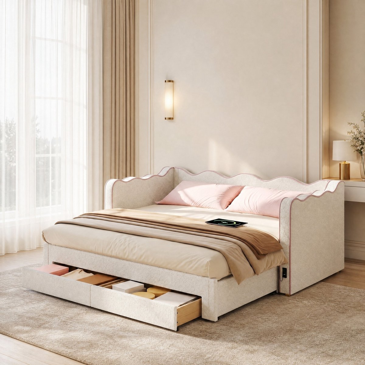 MODENUIT Bedbank 90x200 cm - Uitschuifbaar Tot 180 cm Met 2 Lades En Usb-aansluiting - Bouclé Beige