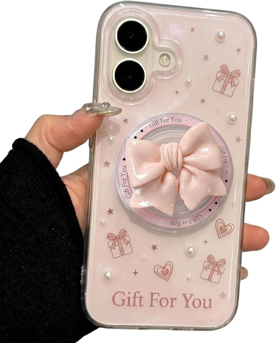 Magnetic holder for smartphone and e-reader, pink bow design, folding handle and stand, compatible with tablets and - ShopVlot