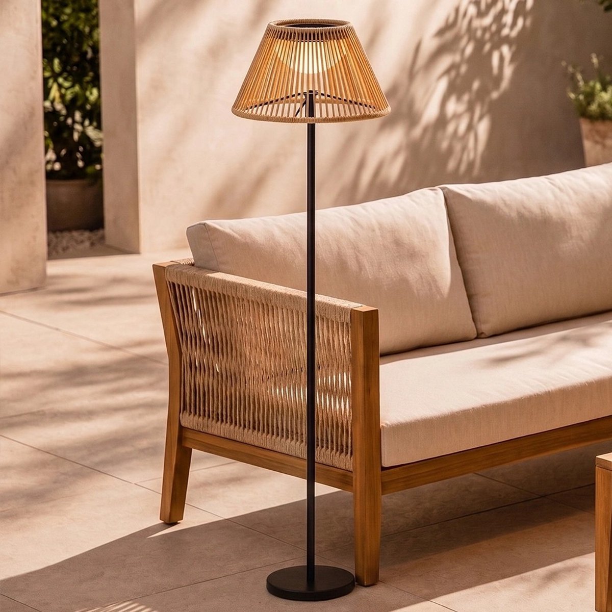 Solar vloerlamp 'Maris' - Oplaadbaar via USB C - Warm wit licht (2700K) - IP44 - Met Afstandsbediening - Rotan look - Tuinverlichting op zonne-energie