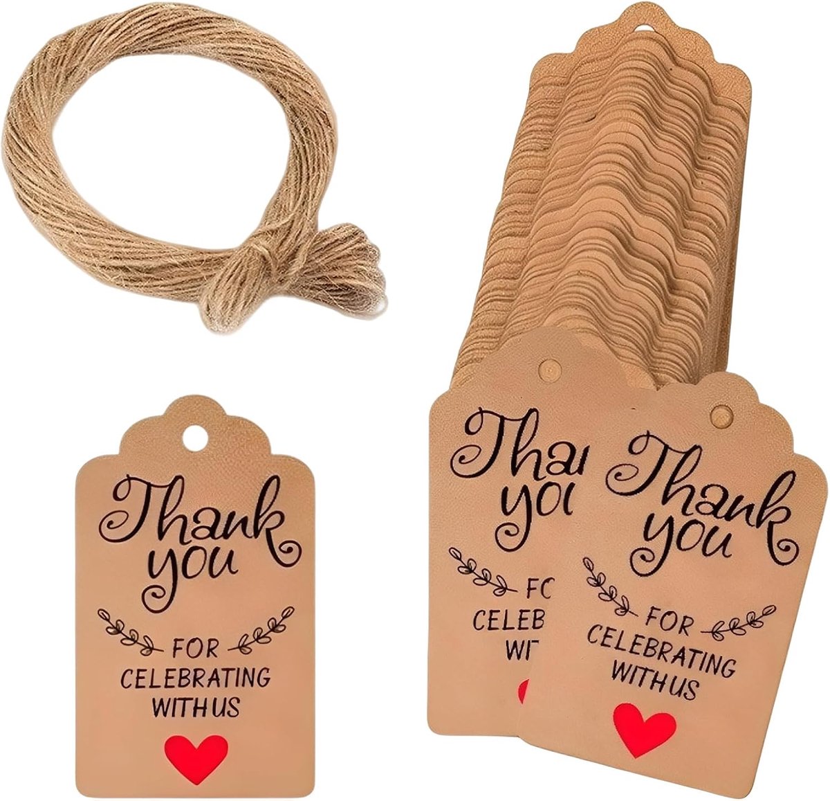 100 stuks bedankkaartjes, cadeaulabels van kraftpapier met 20 meter jutetouw, bedankkaartjes voor bruiloft, doop - ShopVlot