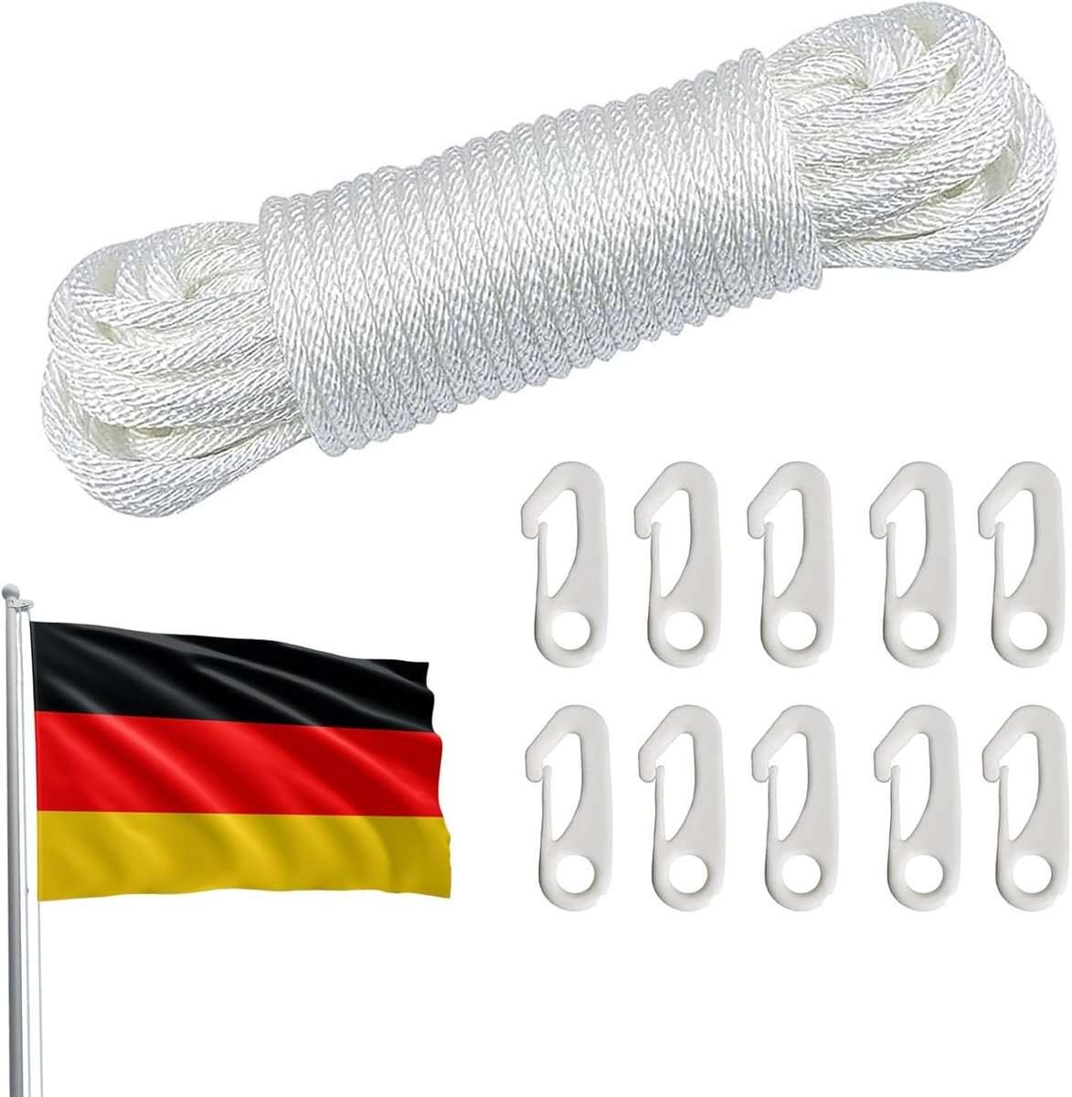 Vlaggenmast Touw - Wit - 20 m - Nylon met 10 Vlaggenhaken - Voor Vlaggenmasten, Tuin of Camping