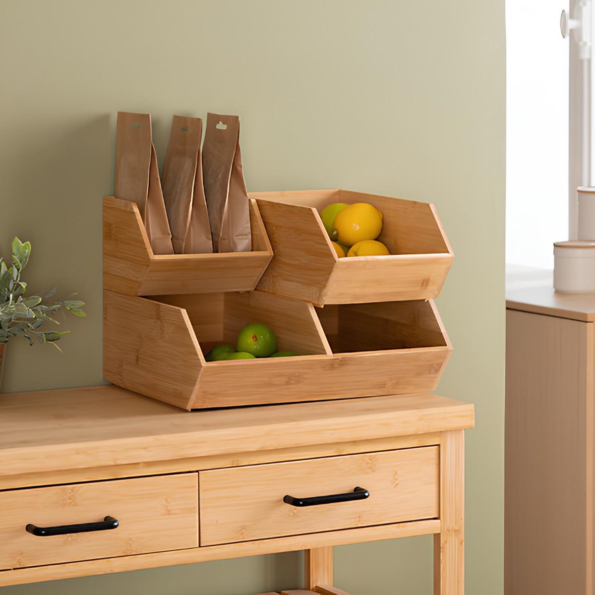 5Five Stapelbare opbergmand 1 vaks organizer - 4x - L18 x B15.5 x H12 cm - bamboe hout - lichtbruin — cadeau in Cadeau-ideeën - foto 4