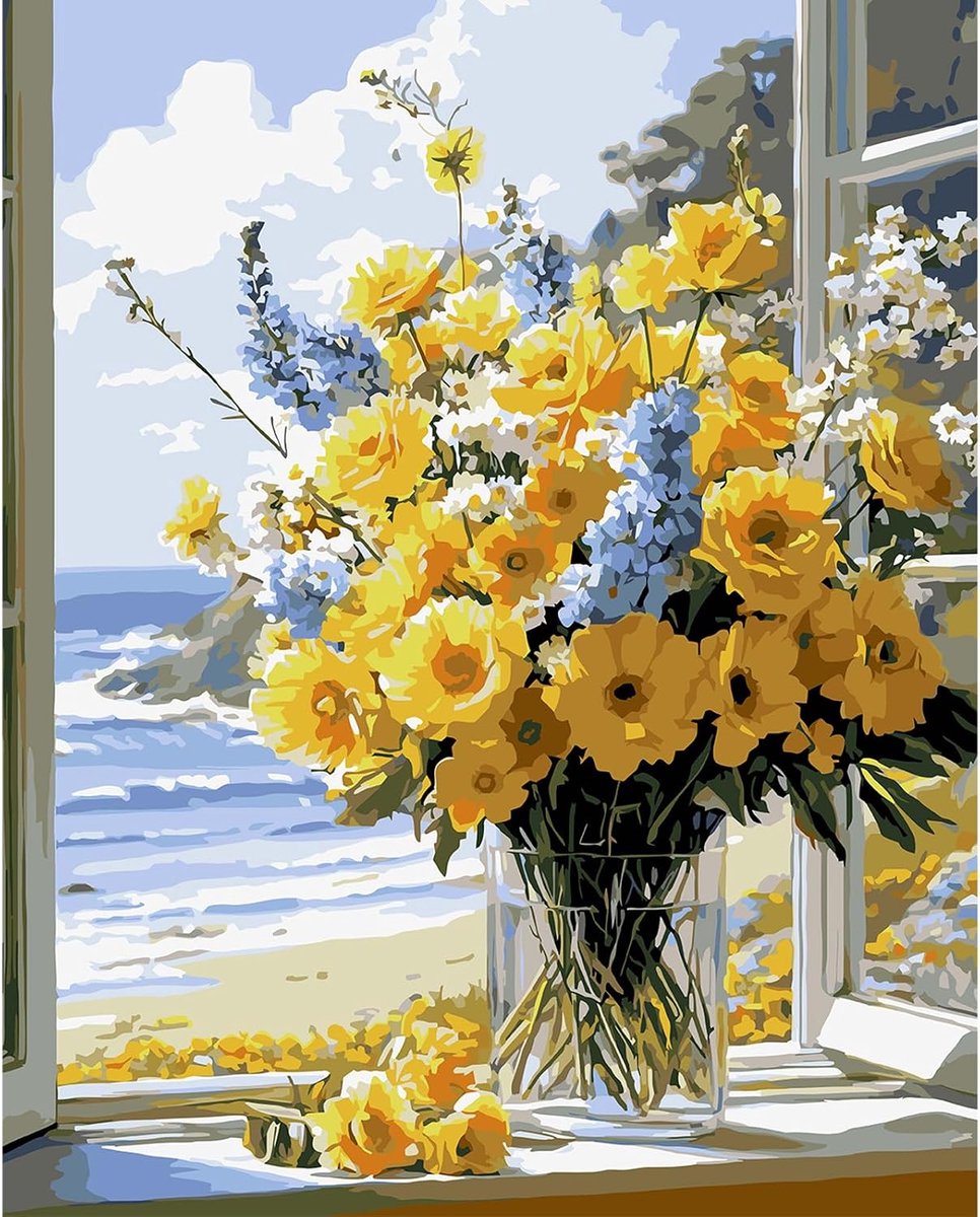 QENSPE Gele bloemen schilderen op nummer voor volwassenen, 40 x 50 cm, verf op nummers, kustplanten, acrylschildering - ShopVlot