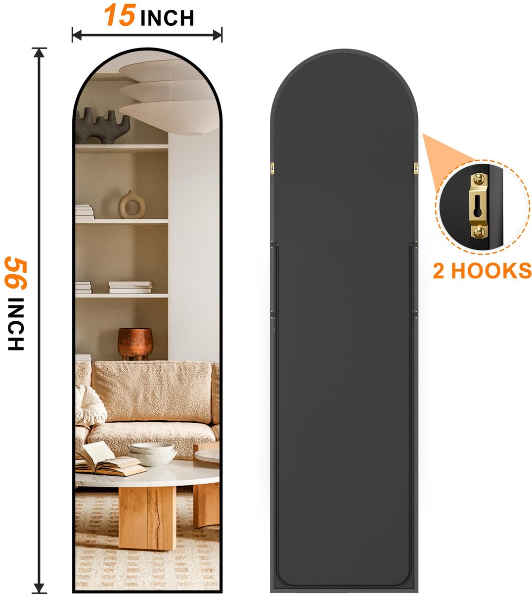 Gebogen spiegel 142,2 x 38,1 cm - Aluminium frame - Staande lichaamsspiegel - Perfect voor slaapkamer of woonkamer - ShopVlot