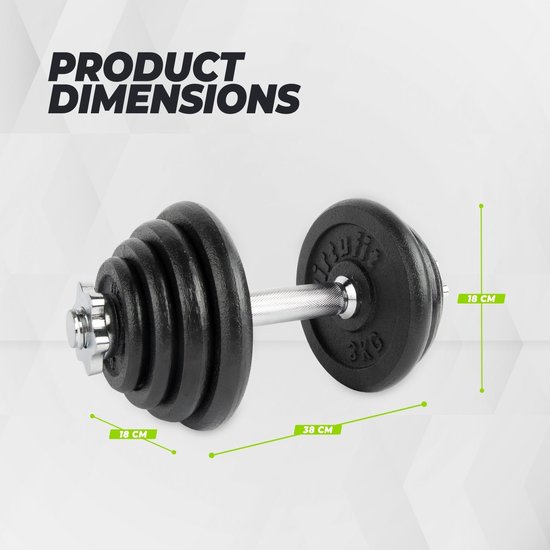 Afmetingen van de verstelbare dumbbell: lengte 38 cm, diameter 18 cm.