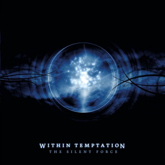 Albumhoes met een blauwe, wervelende kern met lichtpuntjes op een zwarte achtergrond. Met de tekst "WITHIN TEMPTATION THE SILENT FORCE".