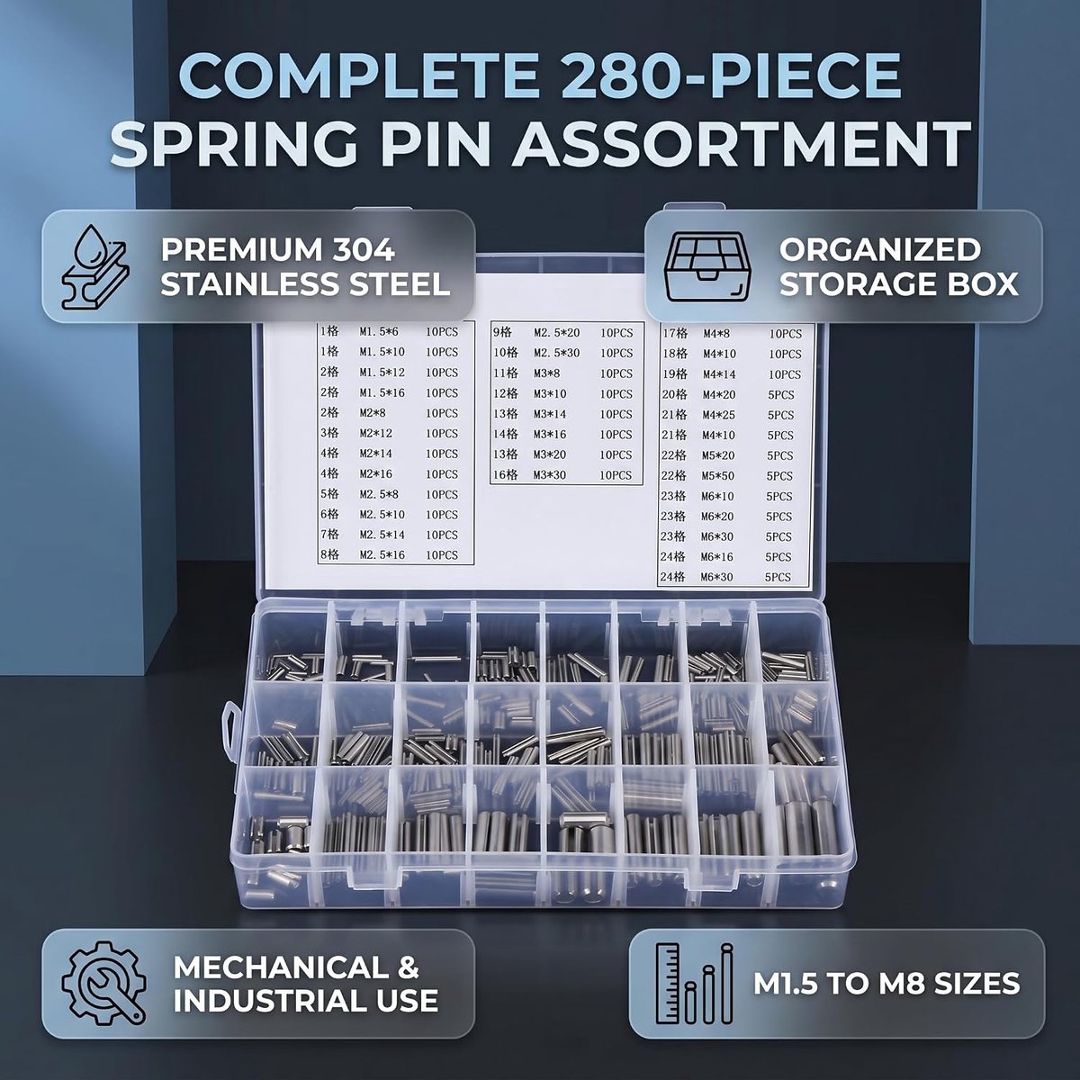 280pcs 304 Cylinder Pens Set Stainless Steel Elastic Cylinder Pens Cabinet Shelf Furniture Pin Support Assortment Kit - ShopVlot