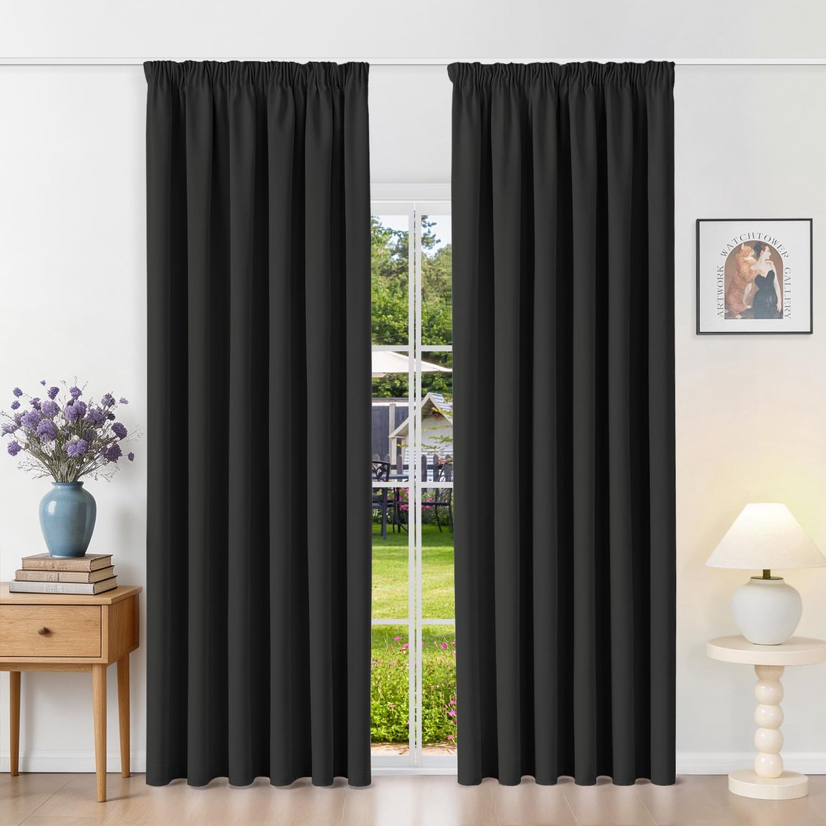 Famanu Verduisterende gordijnen met rimpelband, zwart, set van 2 stuks, 200 x 200 cm (h x b) voor railssysteem, thermo gordijnen voor koudebescherming in de woonkamer