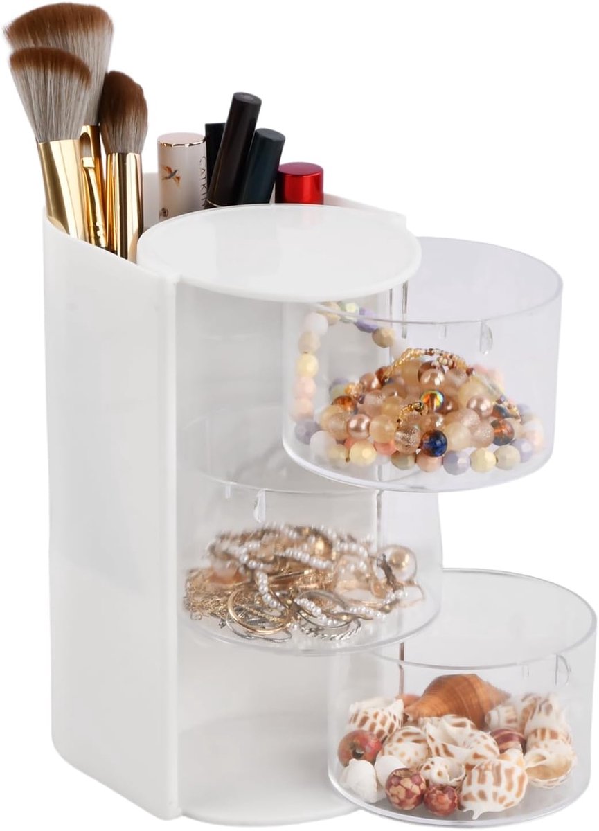 Organizer voor haaraccessoires - roterende sieradendoos met 3 niveaus - wit - snelle toegang tot sieraden - ShopVlot