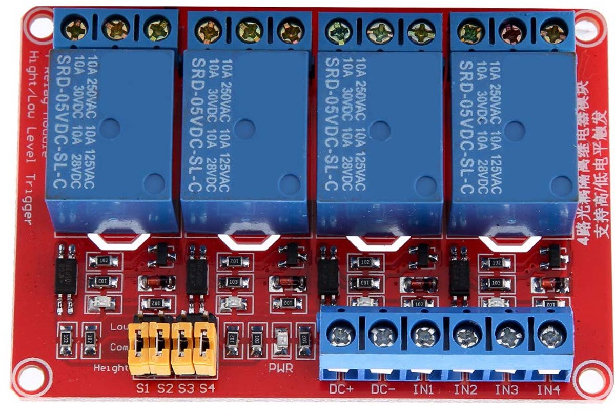 4 kanaals relaismodule - optocoupler - hoge en lage trigger - veelzijdige spanning 5V/12V/24V - ShopVlot