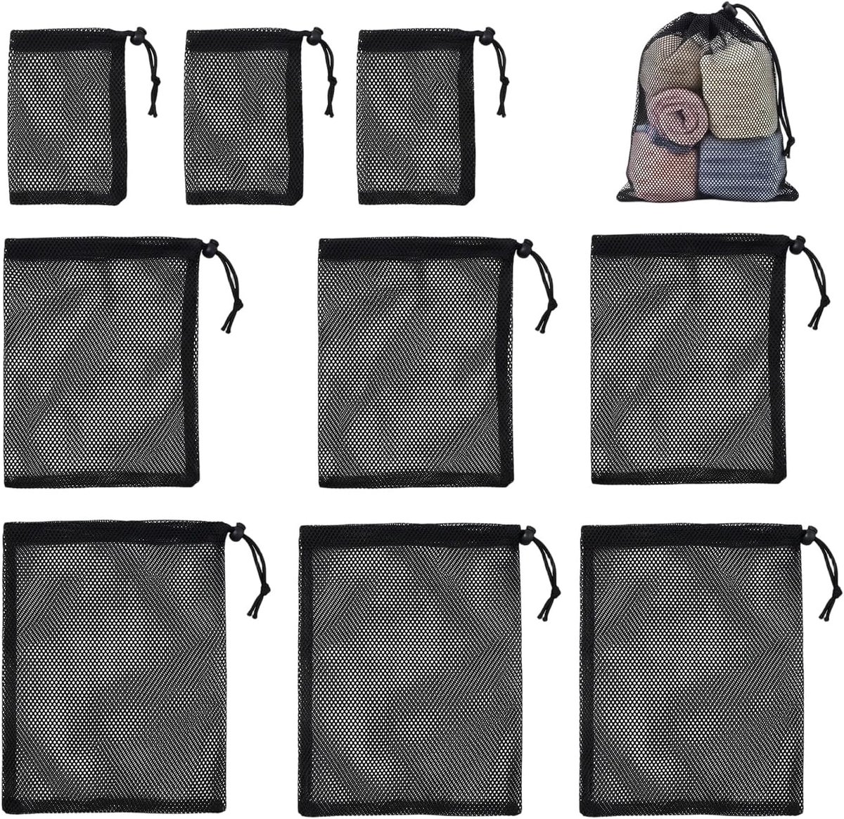 Mesh opbergzakken set - 9 mesh pockets met trekkoord - nylon mesh - multifunctioneel voor strand en sport - ShopVlot