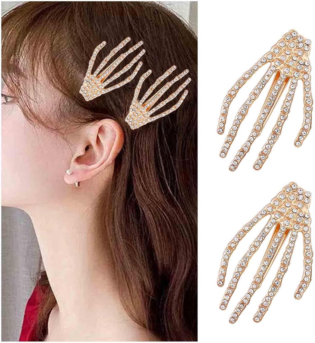 Haarspeld skelet hand - goudkleurig met rhinestones - Halloween haarclip - stevig voor elke gelegenheid - ShopVlot
