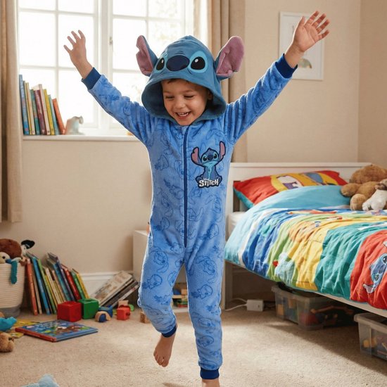 Jongetje in blauwe Stitch onesie met capuchon en opstaande oren, met armen omhoog in een slaapkamer.