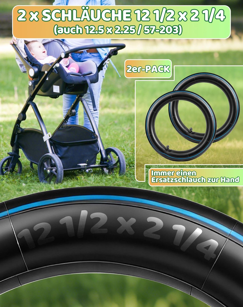 LAOYE Set van 2 binnenbanden 12 inch, 12 1/2 x 2 1/4 (57-203) met 90° hoekventiel, 12,5 x 2,25 voor kinderwagens - ShopVlot