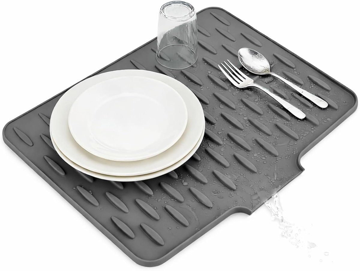 Afdruipmat 50x42 cm - Grijs siliconen - Waterafvoer - Houdt keukenblad droger - ShopVlot