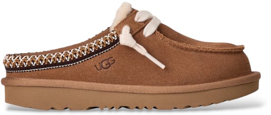 Bruine UGG pantoffel met witte veters en bontrand. Sierlijk koorddetails.