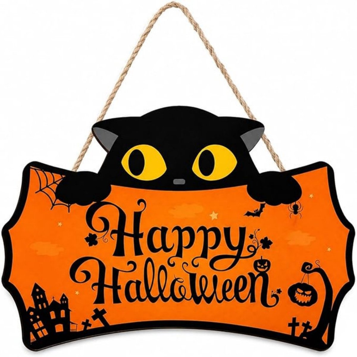 Houten Halloween Deurhanger - 30*30*0,5 cm - Halloween Deurbordje - Muurhanger - Feestelijke Decoratie - Deurdecoratie - Muurdecoratie - Pompoen Muurhanger - Halloween Bordje - Geschikt voor Halloween deuren of muren op terrassen en in huis.