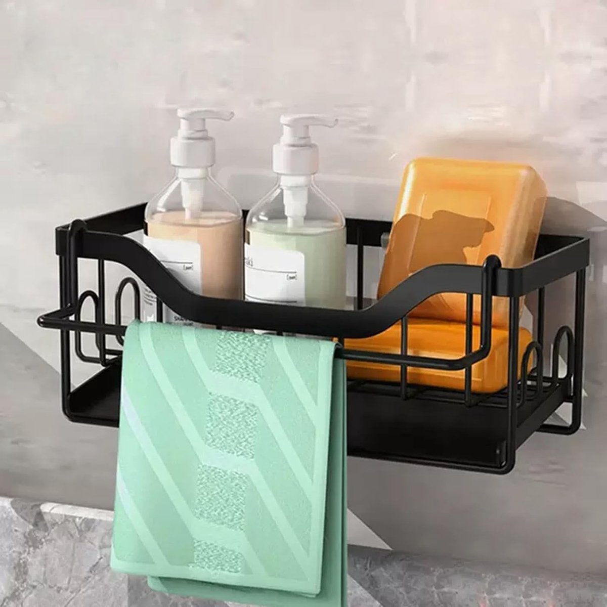 Keuken Gootsteenorganizer - Donker - 23 x 11,5 x 9 cm - Kunststof met Afvoer en Handdoekhouder - Voor Keuken