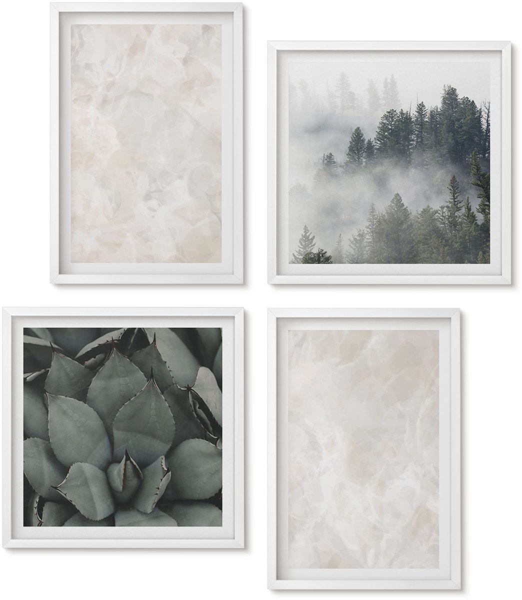 Wallfluent 4-Delige Schilderij Set - Pastelkleurige Stenen Structuren Van Wit Marmer - 40 x 40 En 40 x 60 - Stijlvolle Muurdecoratie - Kantoor - Wanddecoratie