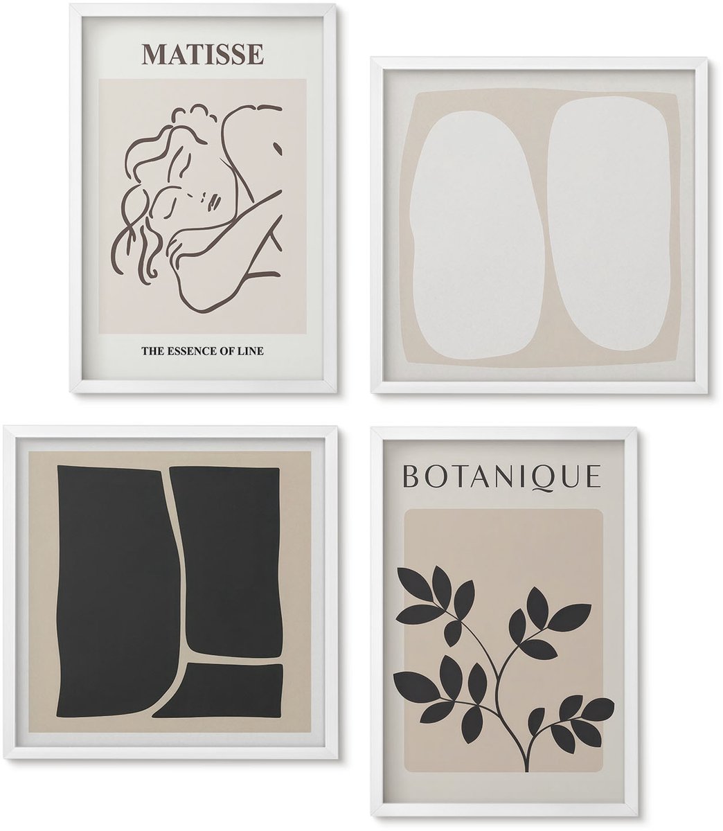 Wallfluent 4-Delige Schilderij Set - Stijlvolle Minimalistische Schilderijen Met Plantmotieven Van Matisse - 40 x 40 En 40 x 60 - Stijlvolle Wanddecoratie - Interieur - Stijlvolle Muurdecoratie