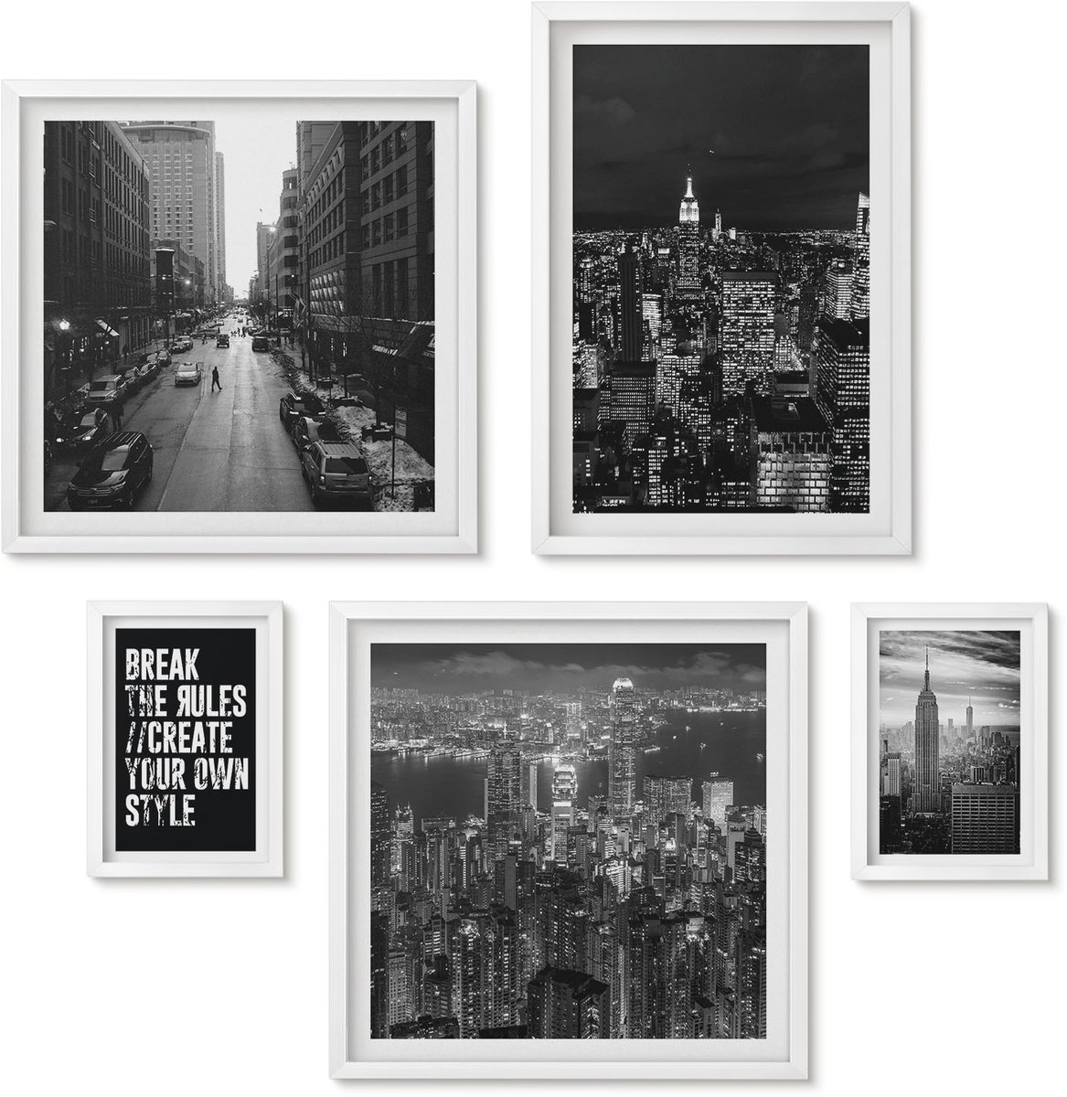 Wallfluent 5-Delige Schilderij Set - Uitzichten Op New York City In Zwart-Wit Met Inspirerende Slogans - 50 x 50 cm, 20 x 30 cm En 40 x 60 cm - Stijlvolle Muurdecoratie - Slaapkamer - Wanddecoratie