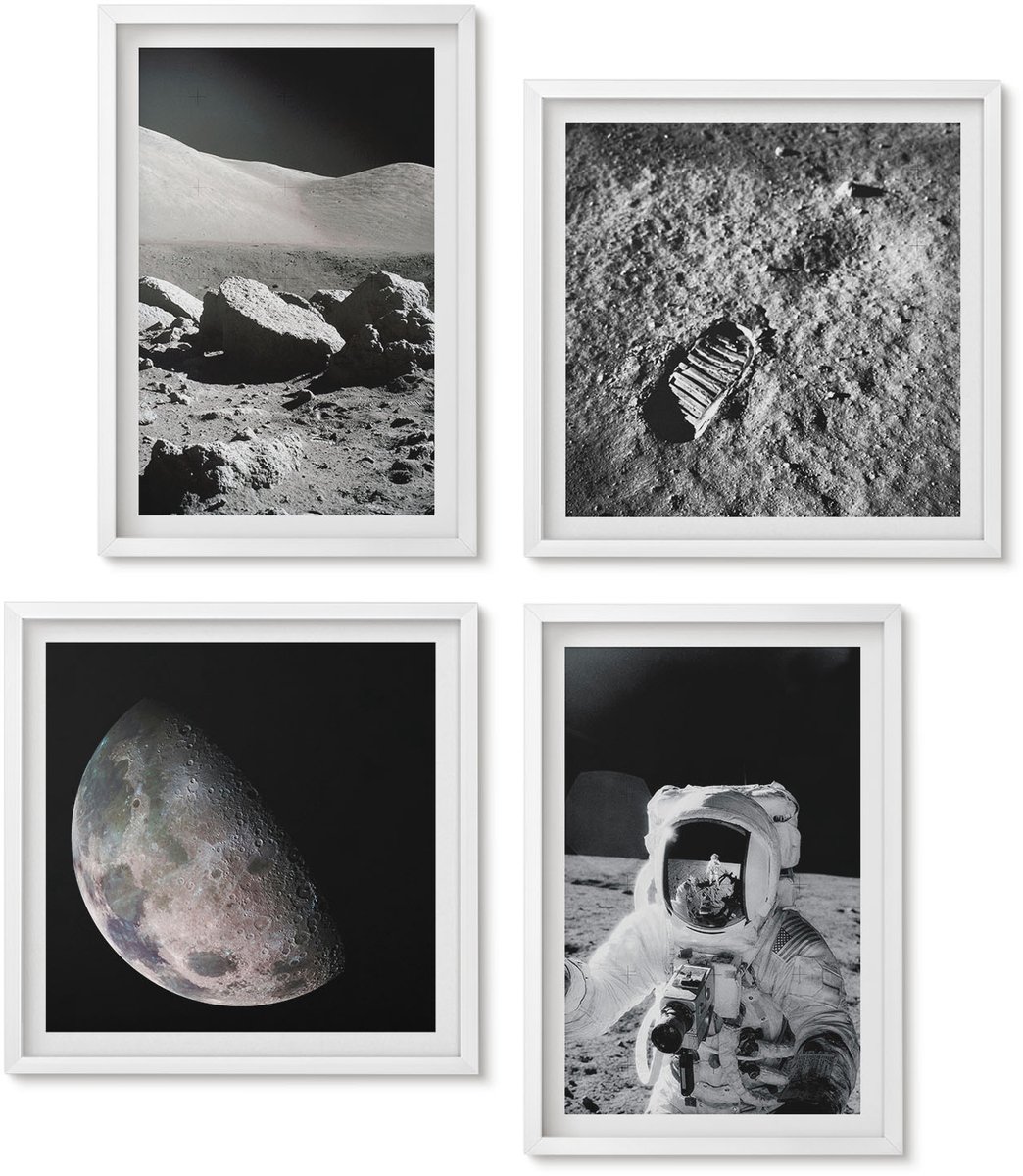 Wallfluent 4-Delige Schilderij Set - Maanfoto'S Met Astronaut En Voetafdruk - 40 x 40 En 40 x 60 - Decoratieve Schilderijen - Wanddecoratie - Hal
