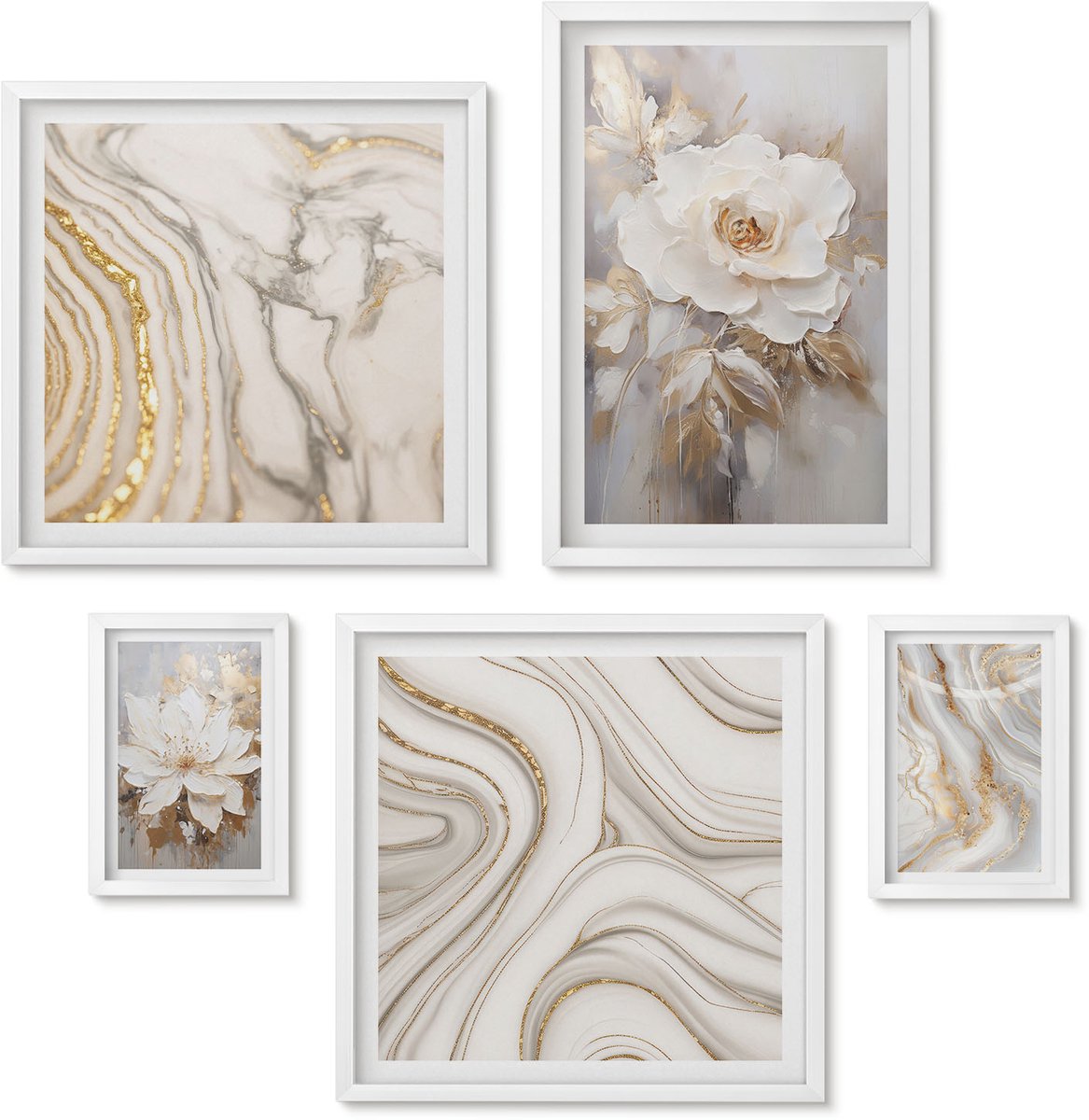 Wallfluent 5-Delige Schilderij Set - Bloemmotieven En Abstracte Patronen In Een Elegante Stijl. - 50 x 50 cm, 20 x 30 cm En 40 x 60 cm - Wanddecoratie - Schilderijen Set - Kantoor - Stijlvolle Muurdecoratie