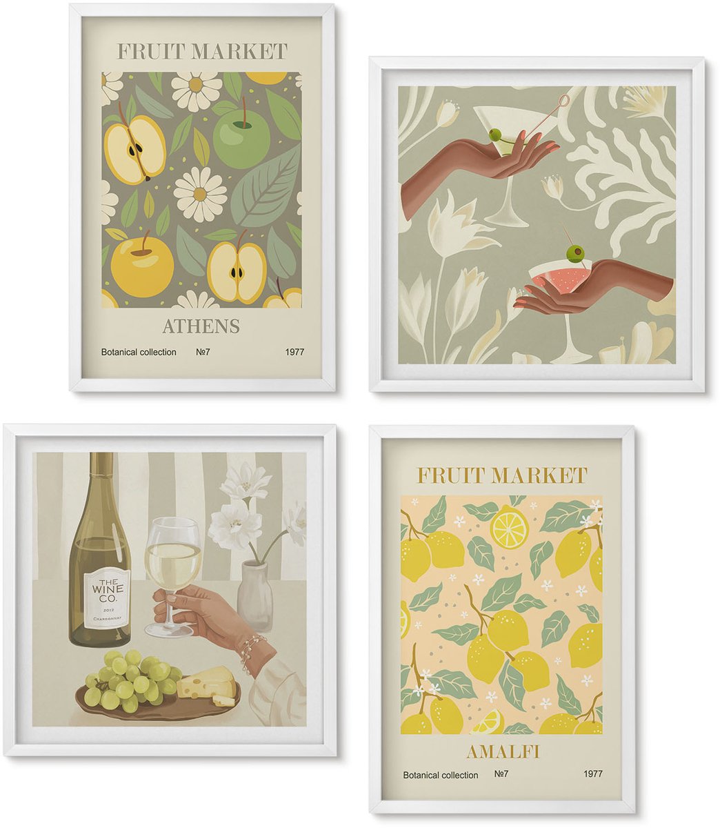 Wallfluent 4-Delige Schilderij Set - Posters Met Fruitpatronen En Italiaanse Wijn - 40 x 40 En 40 x 60 - Wanddecoratie - Moderne Interieurdecoratie