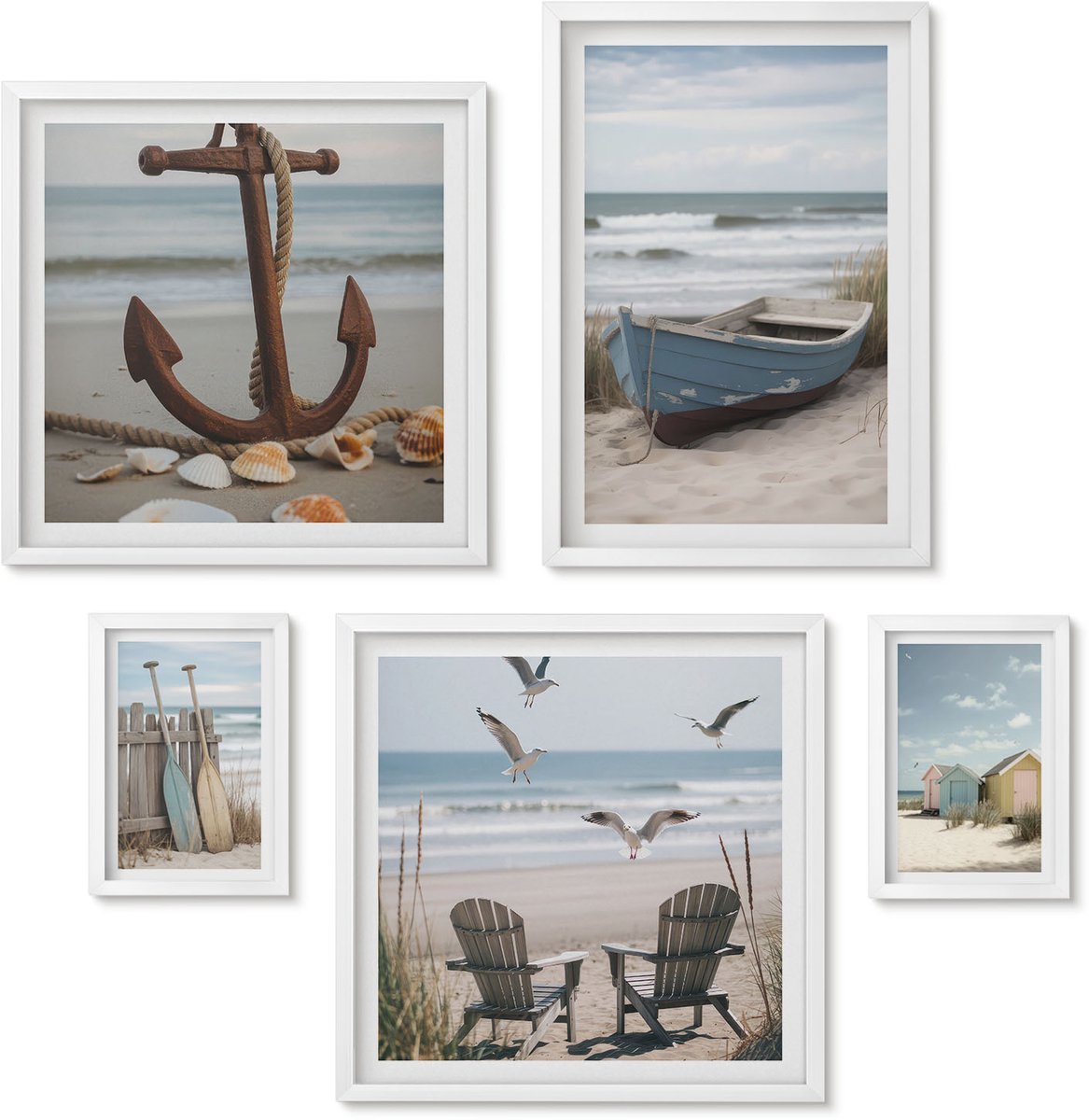 Wallfluent 5-Delige Schilderij Set - Sfeer Aan Zee, Ontspanning Aan Zee En Strand - 50 x 50 cm, 20 x 30 cm En 40 x 60 cm - Stijlvolle Wanddecoratie - Interieur - Muurdecoratie