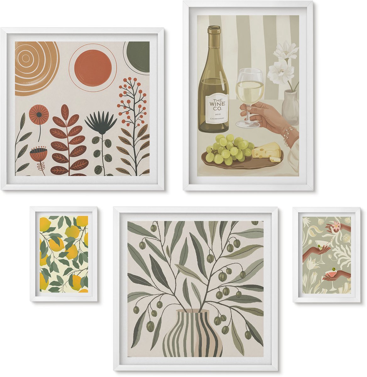 Wallfluent 5-Delige Schilderij Set - Stijlvolle Decoraties In Een Sfeer Van Wijn En Planten. - 50 x 50 cm, 20 x 30 cm En 40 x 60 cm - Stijlvolle Muurdecoratie - Kantoor - Woonkamer Decoratie