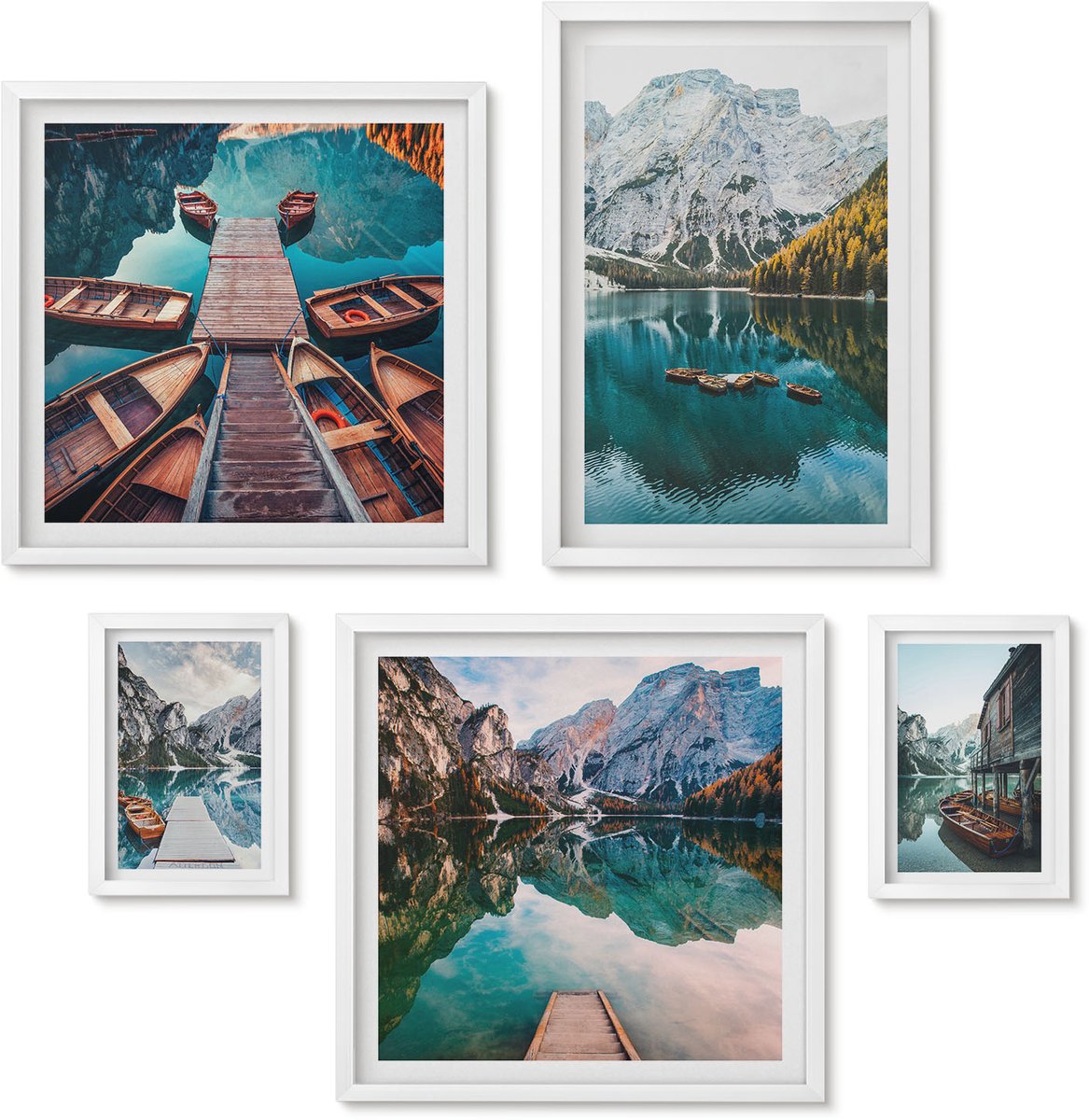 Wallfluent 5-Delige Schilderij Set - Bergmeren Met Houten Boten In Een Natuurlijke Stijl - 50 x 50 cm, 20 x 30 cm En 40 x 60 cm - Muurdecoratie - Wanddecoratie - Slaapkamer - Decoratieve Schilderijen