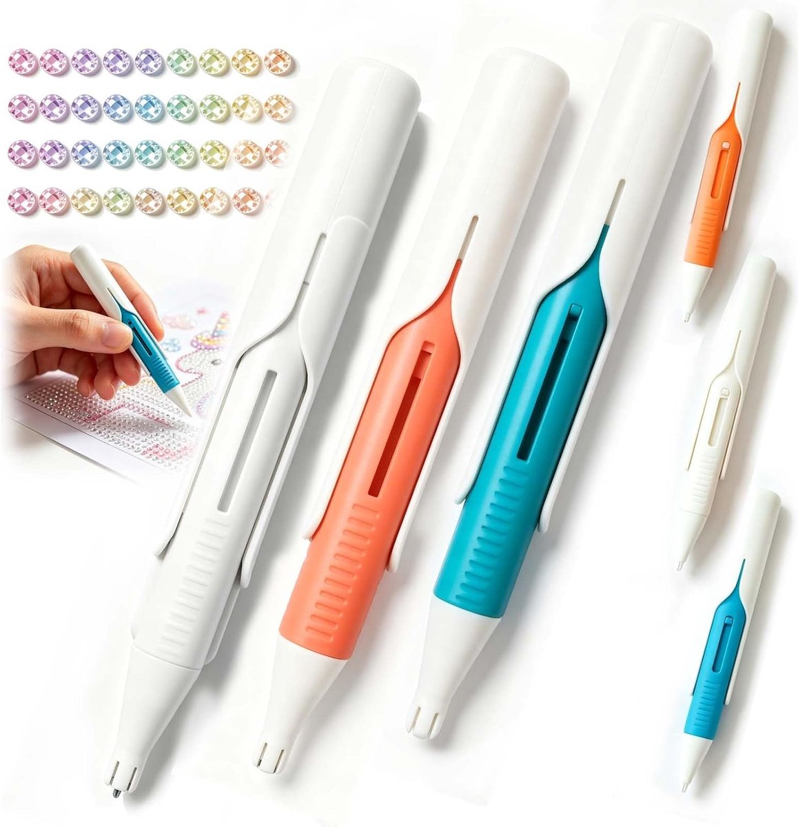3 Diamond painting pen - Automatisch - Zonder wax - 14cm - Voor 2.8mm ronde steentjes - Snel & Efficiënt - Diamond painting accessoires - DIY hobby - Voor volwassenen - Wit + Blauw + Oranje