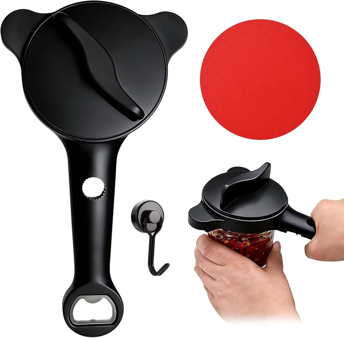 Potopener voor senioren - RVS en ABS - 4-in-1 multifunctionele blik- en flesopener - Met magnetische opslag en onderzetter - Voor keuken en camping
