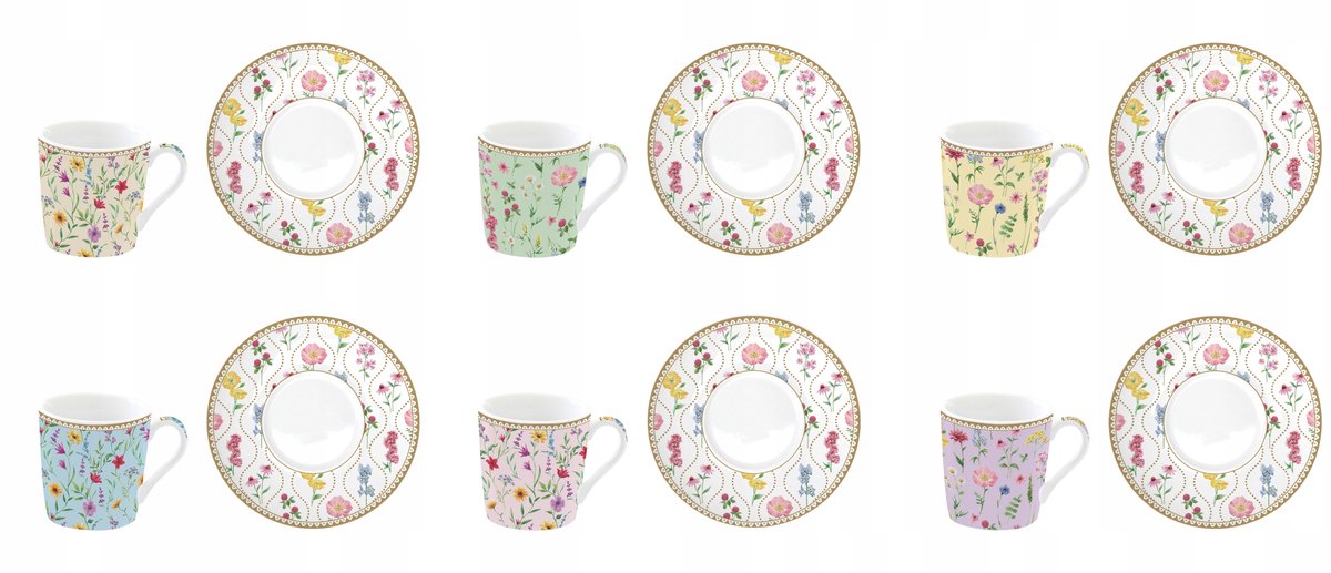 Espressokopjes 6+6 stuks, 100ml, pastelkleuren, bloemenprint
