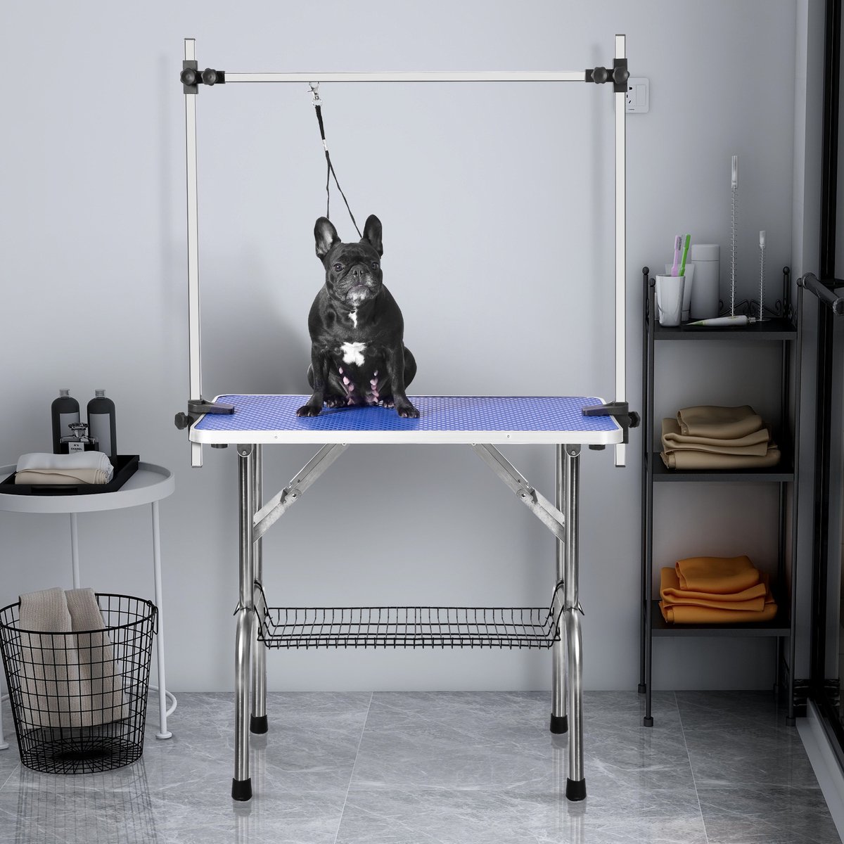 REDOM - Huisdier trimtafel - Verstelbare trimarm - Opvouwbare poten - Antislip rubberen blad - Voor honden en katten - Roestvrij staal - Blauw - 117 x 60 x 76 cm