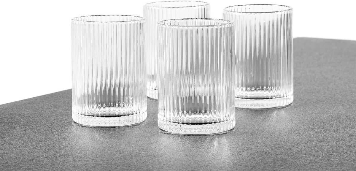 Limonadeglazen stapelbaar - Transparant - 250 ml - Geribbeld Glas - Set van 4 Hoge Longdrinkglazen voor Diverse Dranken