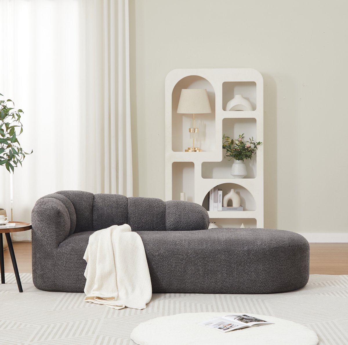 HAUSS SPOLE Chaise Longue – Moderne Chenille Ligbank – Links Met Armleuning – Comfortabel Voor Woonkamer En Slaapkamer – Antracietgrijs