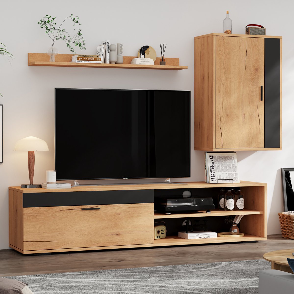 Hauss Spole Tv Meubel Set - Moderne Wandkast Met Wandplank En Opbergruimte - Voor Woonkamer - Eikenkleur En Zwart - 140 X 35 X 39 Cm