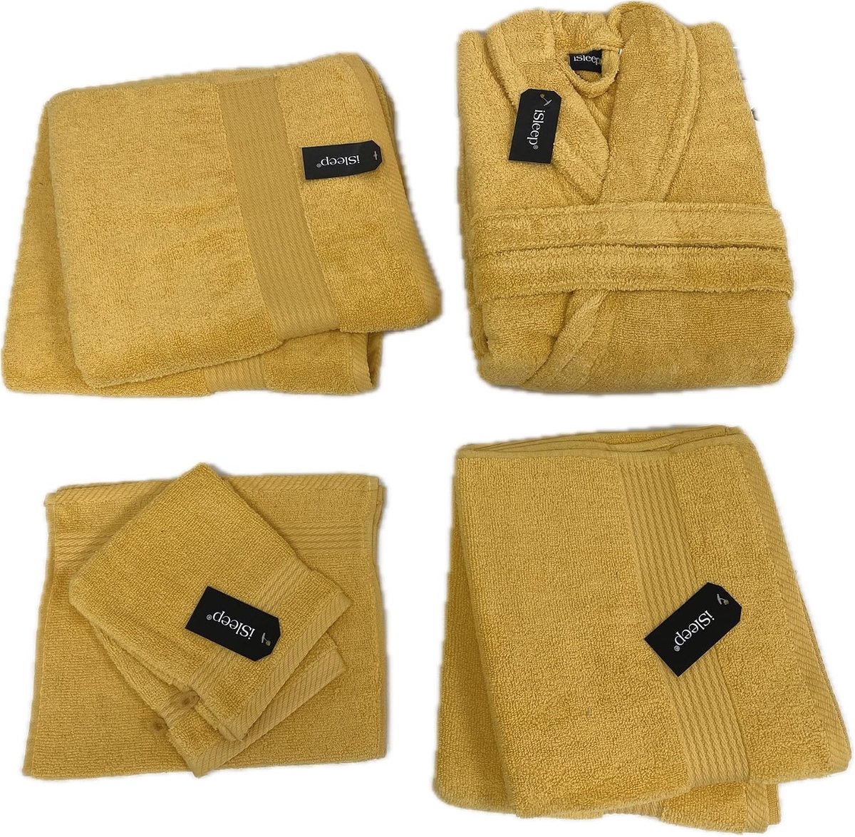 iSleep Set of 9-piece Bath textiles 2x Washcloth, 2x Guest Towel, 2x Towel, 2x Bath Towel, 1x Bathrobe (Ochre Yellow - ShopVlot
