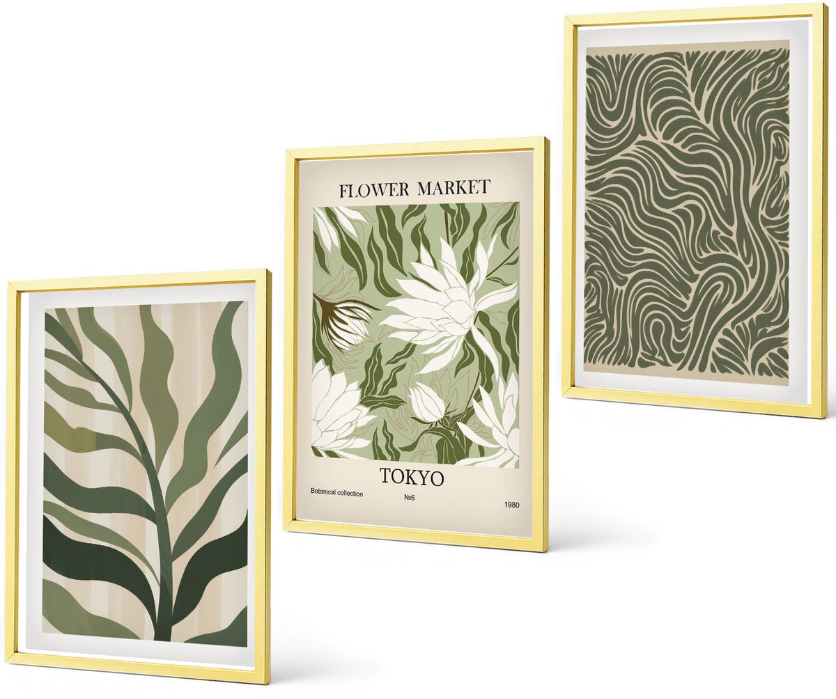 Coloray 3-Delige Schilderij Set - Plantenpatronen, Botanische Decoraties, Boho-Stijl - 40 x 40 cm En 40 x 60 cm - Schilderijen Set - Wanddecoratie - Woonkamer - Stijlvolle Muurdecoratie