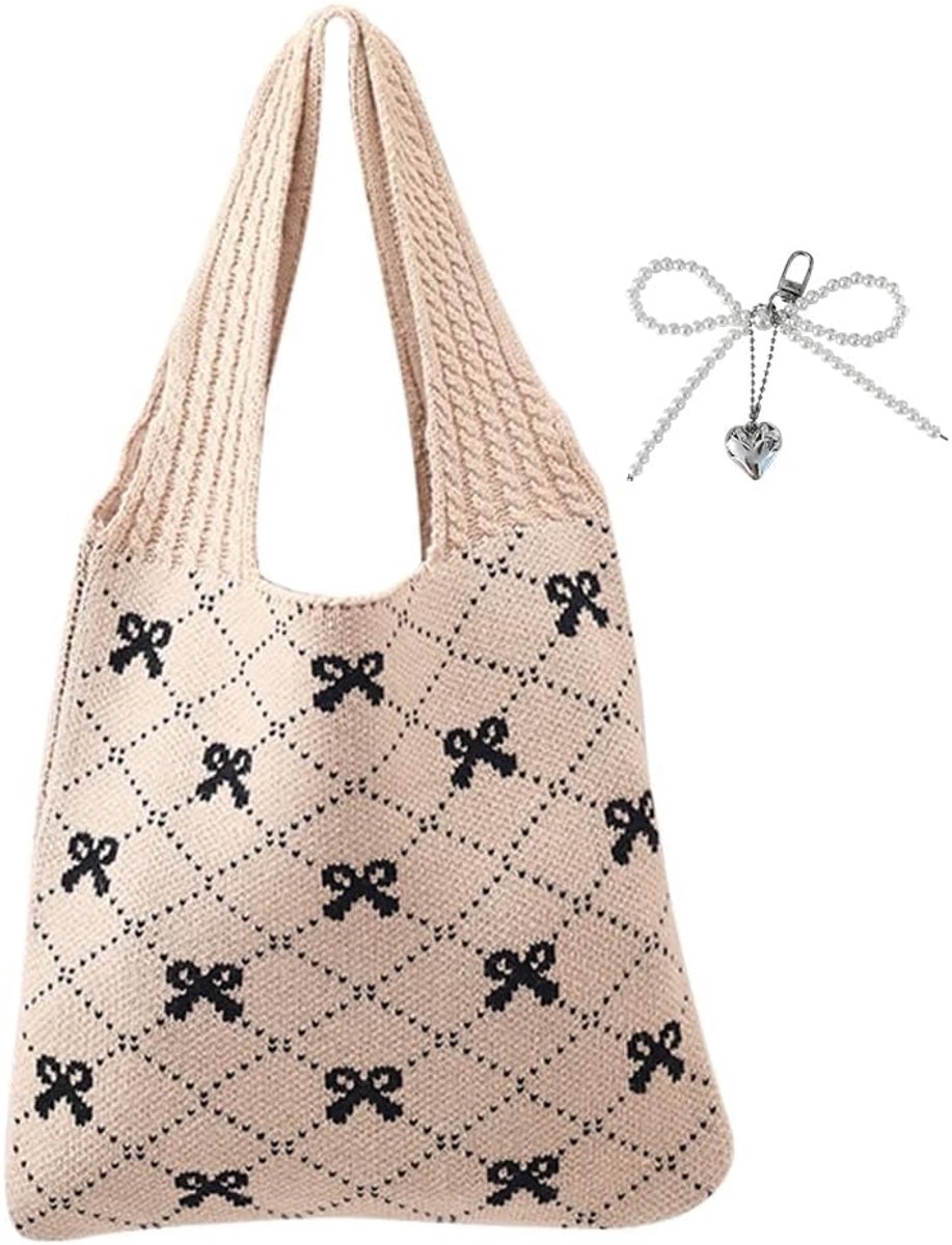 Hobo Bag Women's Knitted Tote Bag with Bow Pattern Shoulder Bag Shopper Bag Tote Handbag Women for Everyday Use - ShopVlot