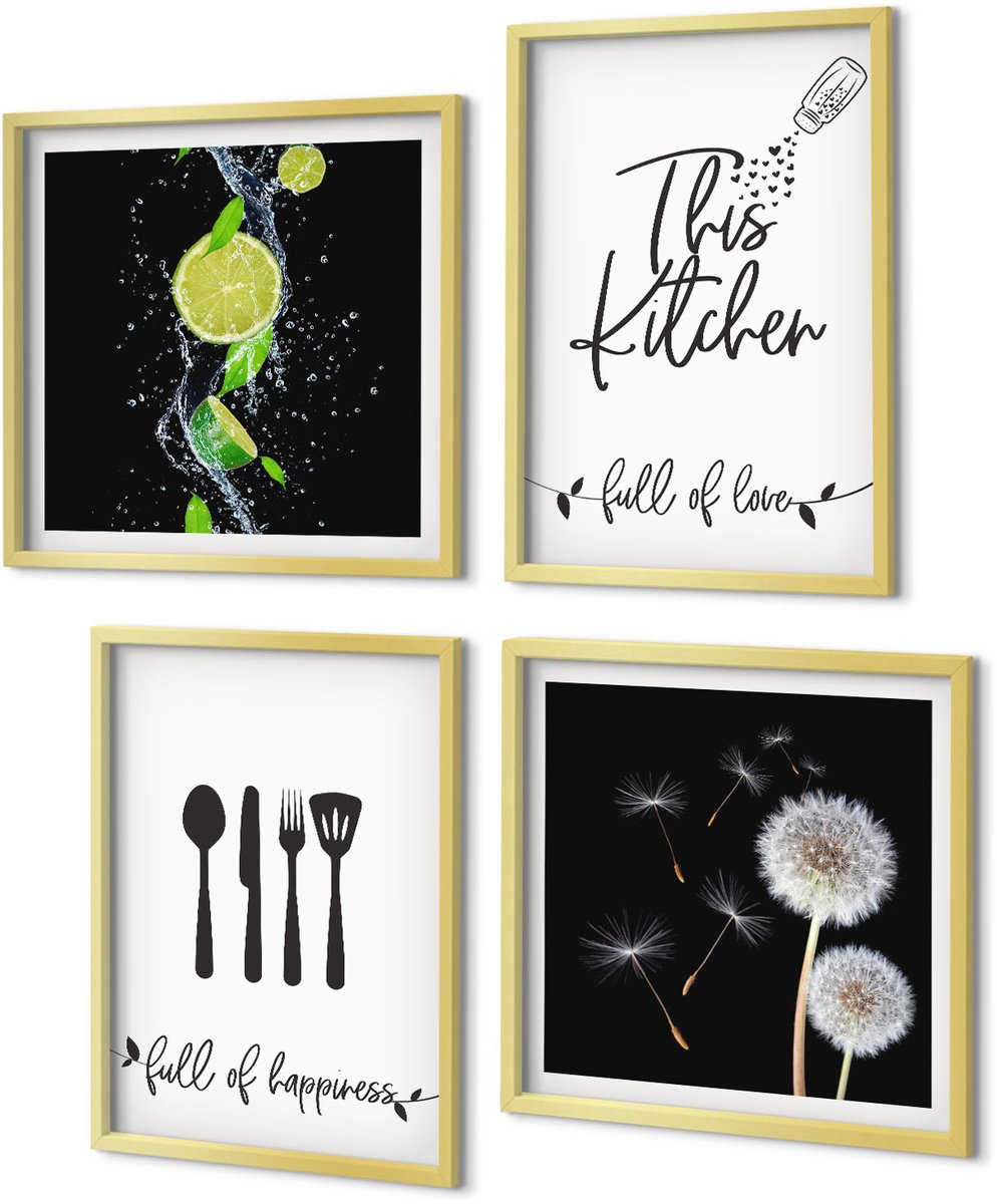 Coloray 4-Delige Schilderij Set - Paardenbloemen Sappige limoenen Keukenopschriften - 40 x 40 cm en 40 x 60 cm - Wanddecoratie - Schilderijen Set - Kantoor - Decoratieve Schilderijen