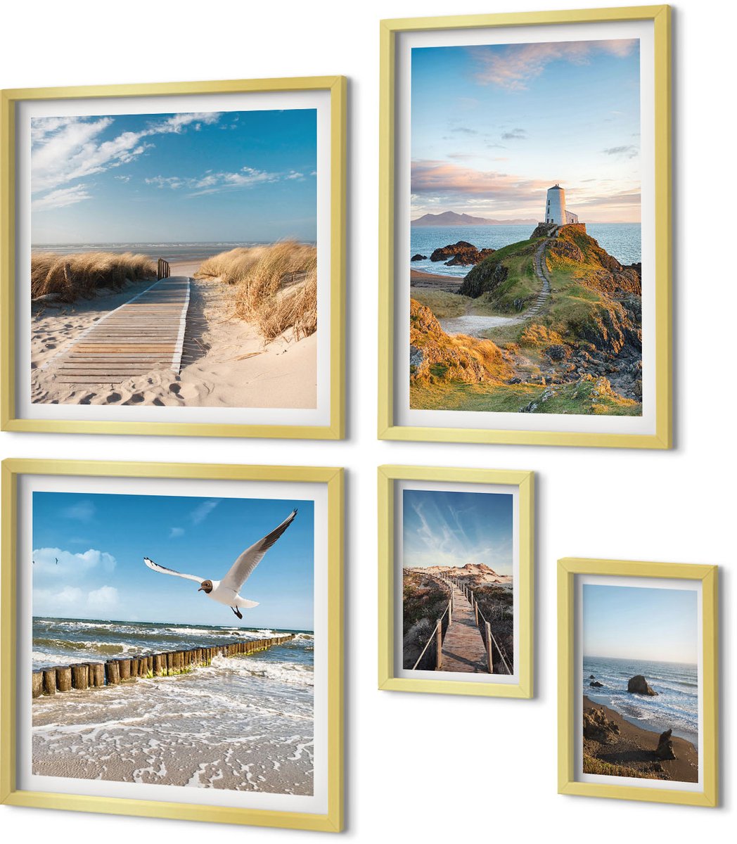 Coloray 5-Delige Schilderij Set - Uitzicht Op Zee Met Vuurtorens En Stranden Op De Achtergrond. - 50 x 50 cm, 20 x 30 cm En 40 x 60 cm - Decoratieve Schilderijen - Woonkamer - Interieur - Wanddecoratie