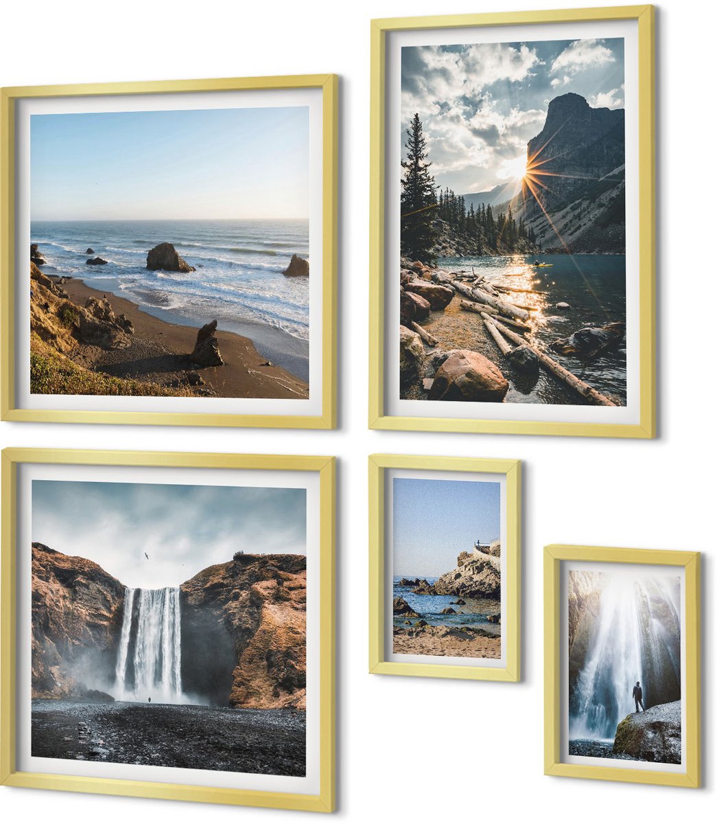 Coloray 5-Delige Schilderij Set - Natuurlandschappen Met Watervallen En Pittoreske Stranden - 50 x 50 cm, 20 x 30 cm En 40 x 60 cm - Stijlvolle Muurdecoratie - Kantoor - Moderne Wanddecoratie