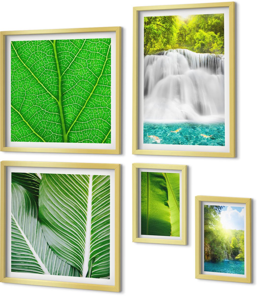 Coloray 5-Delige Schilderij Set - Tropische Landschappen Met Watervallen En Palmbladeren - 50 x 50 cm, 20 x 30 cm En 40 x 60 cm - Schilderijen Set - Wanddecoratie - Woonkamer - Moderne Wanddecoratie